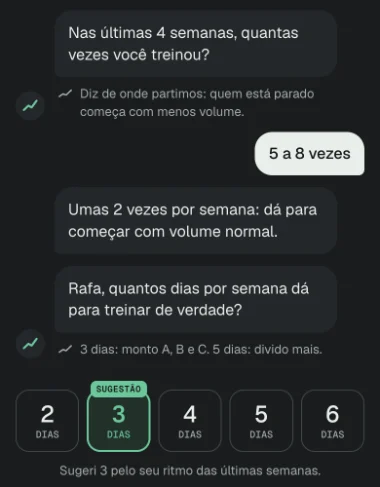 Conversa de início com Kai: pergunta quantos dias por semana dá para treinar, com 3 dias sugeridos