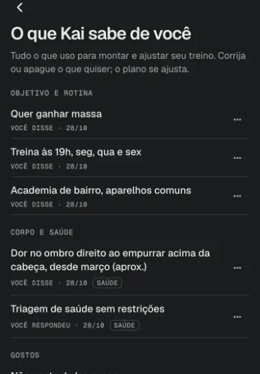 Tela O que Kai sabe de você: objetivo, rotina, dor no ombro e gostos, cada um com a origem e opção de apagar