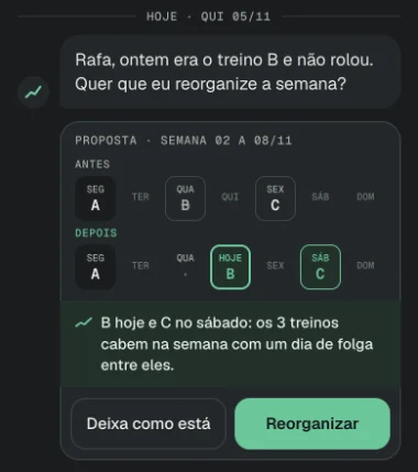 Kai avisa que o treino B de ontem não rolou e propõe a semana reorganizada, com o treino B hoje e o C no sábado