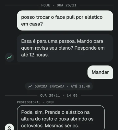 Conversa no app: Kai encaminha uma dúvida sobre face pull com elástico e a resposta chega de um profissional com CREF, numa bolha com contorno e o rótulo Profissional CREF