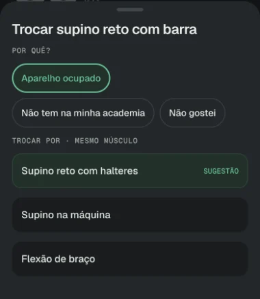 Folha Trocar do modo treino: por quê (aparelho ocupado, não tem na minha academia, não gostei) e equivalentes do mesmo músculo, com supino reto com halteres sugerido